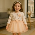 فستان بناتي بأكمام طويلة للأطفال لون أبيض ومشمشي