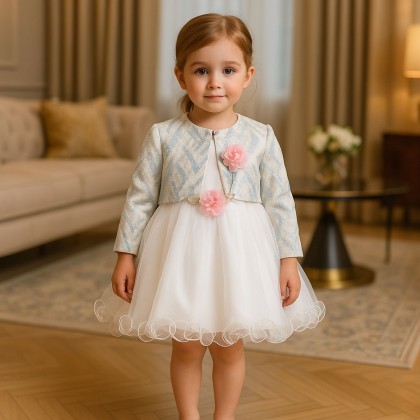 فستان بناتي بأكمام طويلة للأطفال لون أبيض وأزرق