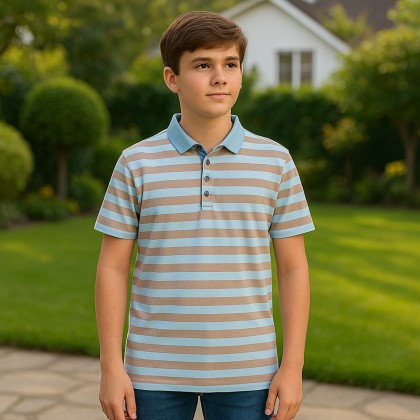 تيشيرت بأكمام قصيرة بتصميم بولو مخطط لون أزرق وبني