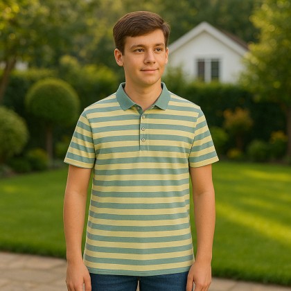 تيشيرت بأكمام قصيرة بتصميم بولو مخطط لون أخضر وأصفر