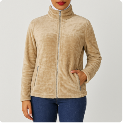 جاكيت فرو بسحاب للنساء لون بيج