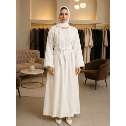 عباية لون أبيض قطعتين مع شال