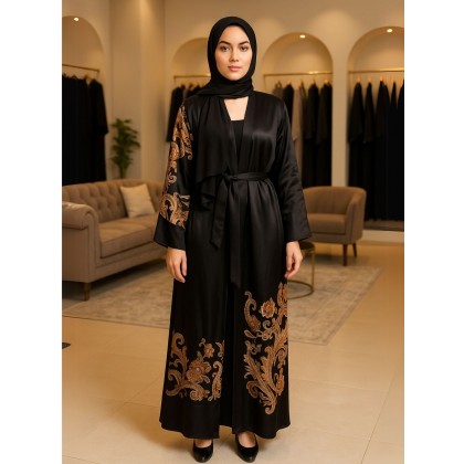 عباية ستان أسود مع شال