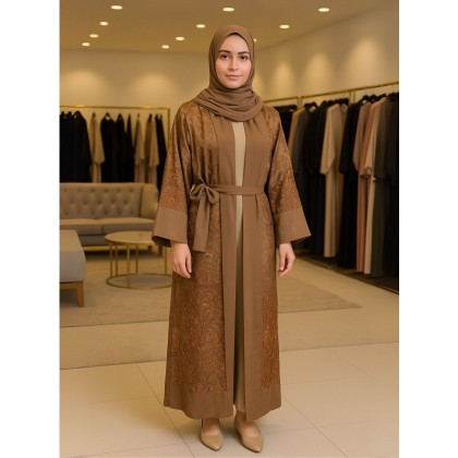 عباية ستان لون بني مع شال ورباط للخصر