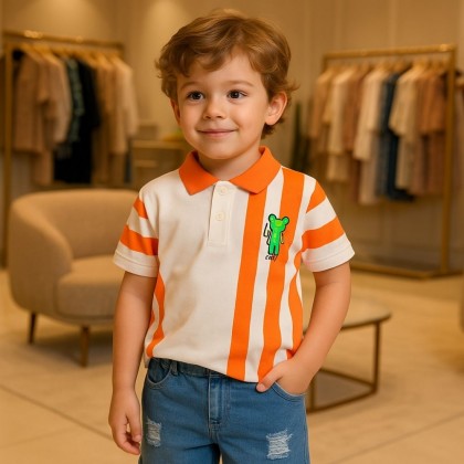 طقم قطعتين شورت وبلوزة نص كم للأطفال لون أزرق و برتقالي