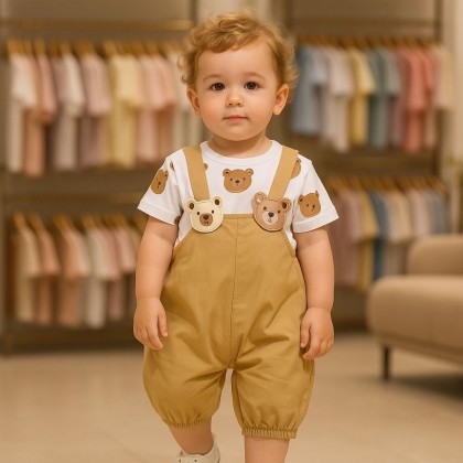 طقم قطعتين أفرهول للأطفال لون بني و أبيض