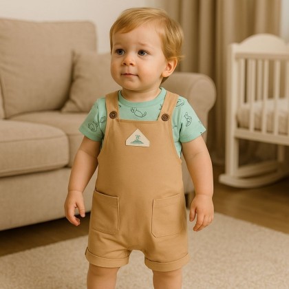 طقم أفرهول للأطفال 3 قطع لون بيج و أخضر