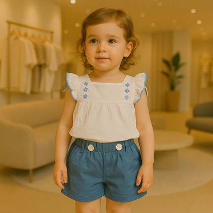 طقم قطعتين للأطفال لون أزرق وأبيض