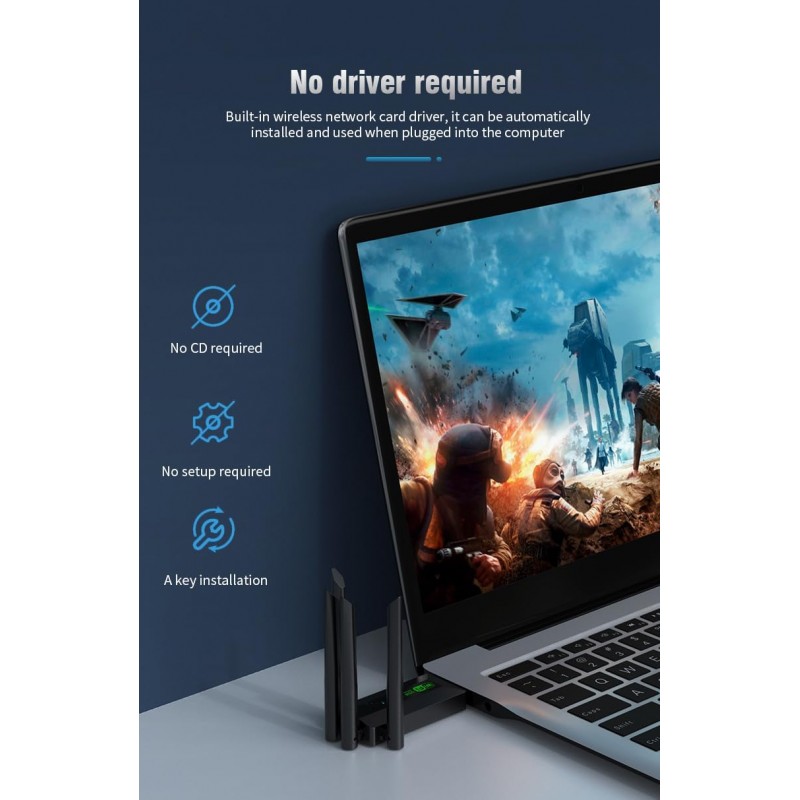 محول USB 3.0 واي فاي للكمبيوتر الشخصي - 4 أنتينات ، جهاز استقبال لاسلكي ، ثنائي النطاق - سرعة النفاذية  Mbps1200- ثنائي النطاق GHz & 5GHz - ماركة ICANING