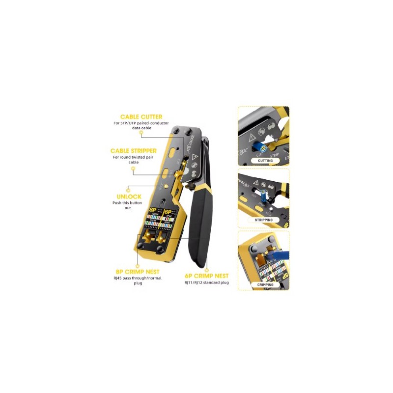مكبس لأسلاك الشبكة نوعية ممتازة موديل ZoeRax RJ45 مصنوعة من مواد متينة مع شفرات بديلة هذه الأداة متوافقة مع أسلاك Cat6 Cat5 Cat5e RJ46