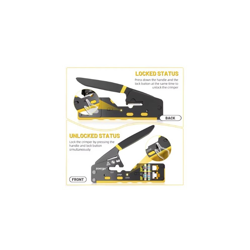 مكبس لأسلاك الشبكة نوعية ممتازة موديل ZoeRax RJ45 مصنوعة من مواد متينة مع شفرات بديلة هذه الأداة متوافقة مع أسلاك Cat6 Cat5 Cat5e RJ46