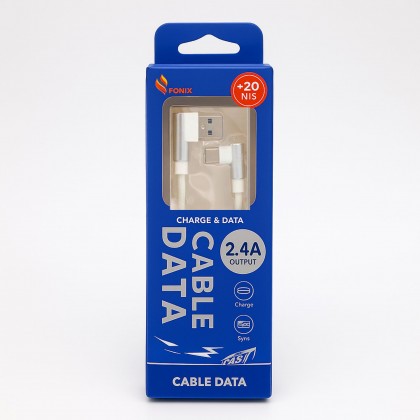 كابل تايب سي ويو بي سي من فونيكس 2.4 أمبير طول 1 متر لون أبيض - Fonix (W-009) Type C to USB Cable 1 m