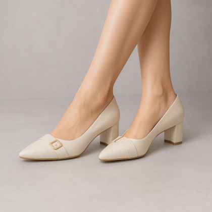 حذاء كعب عريض متوسط للنساء لون بيج