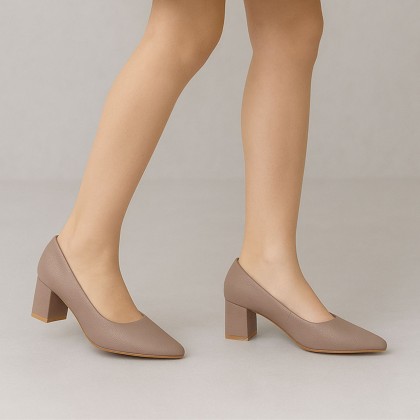 حذاء كعب عريض متوسط للنساء لون بيج