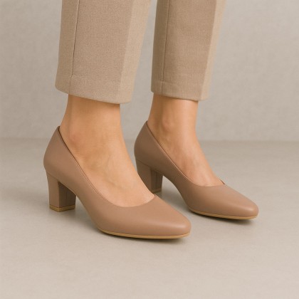 حذاء كعب عريض عالي للنساء لون بني