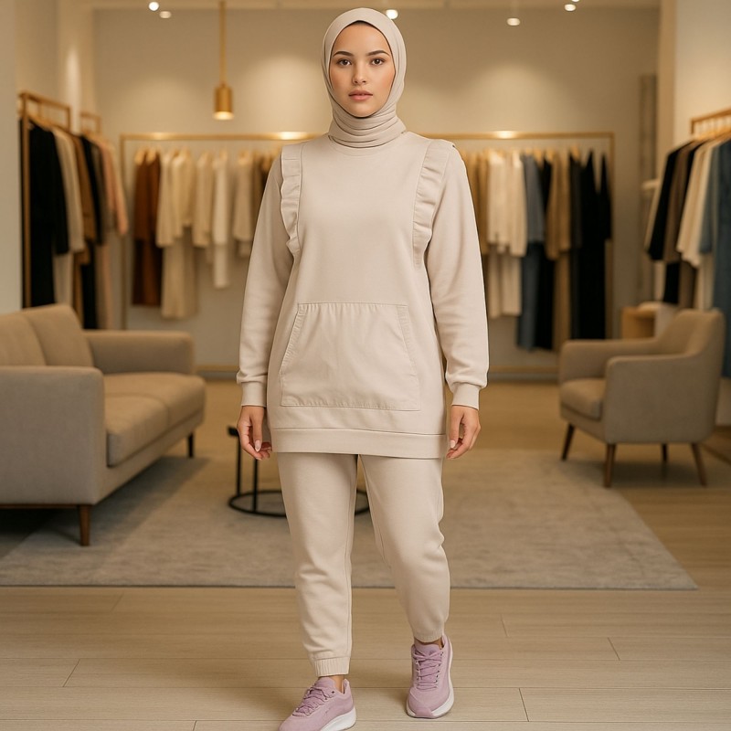 ترينج هودي طويلة مع بنطال لون بيج