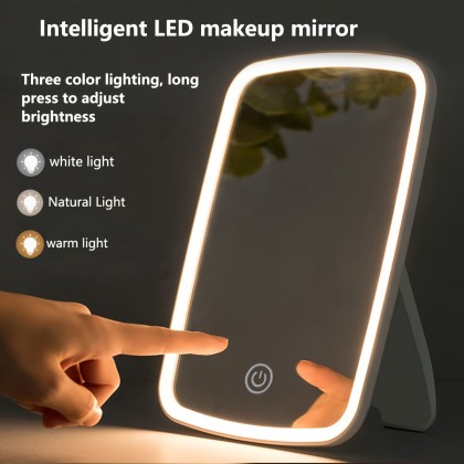 مرآة مكياج شاشة تعمل باللمس مع إضاءة LED ذات 3 مستويات وحامل قابل للطي، مرآة مربعة الشكل - المقاس: 18*12.5 سم
