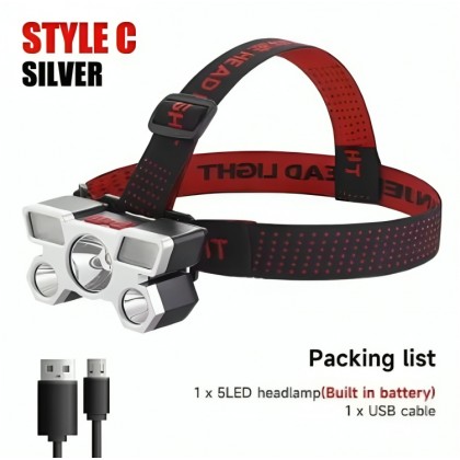 مصباح رأس كشاف ذات 5 مصابيح LED - ضوء قوي وضد رذاذ الماء - مستويين إضاءة - بطارية مدمجة - مناسب أثناء العمل بالليل والتخييم