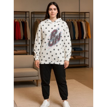 بجامة نسائية مُكونة من قطعتين لون أبيض برسومات نجمة وأسود