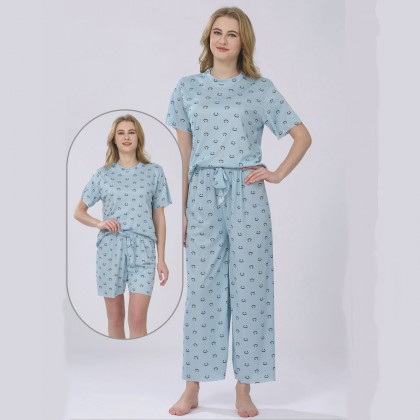 بجامة ستاتي ثلاث قطع بلبس ون سايز لون ازرق سماوي