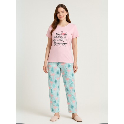 بيجامة نص كم للنساء لون زهري وبنطال أزرق