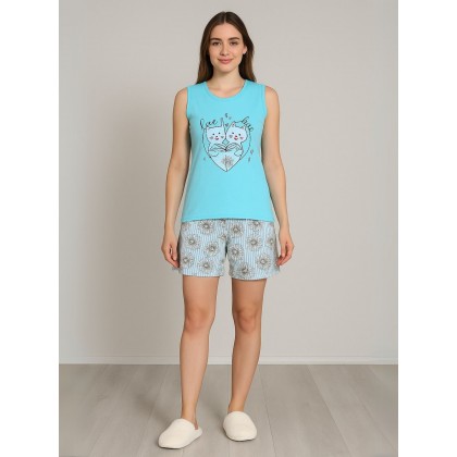 بيجامة حفر عريض مع شورت للنساء لون أزرق بتصميم قطط