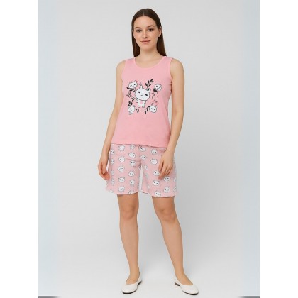 بجامة حفر عريض مع شورت للنساء لون زهري بتصميم دب