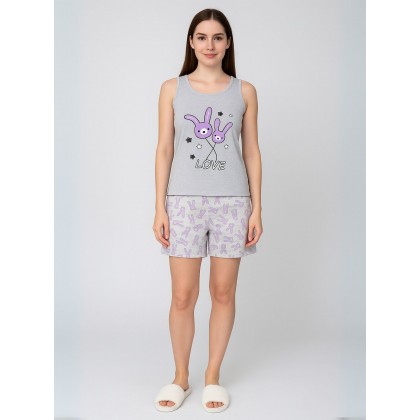 بجامة حفر عريض مع شورت لون رمادي بتصميم أرنب