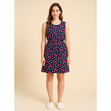 فستان بيتي حفرعريض للنساء لون كحلي وفوشي