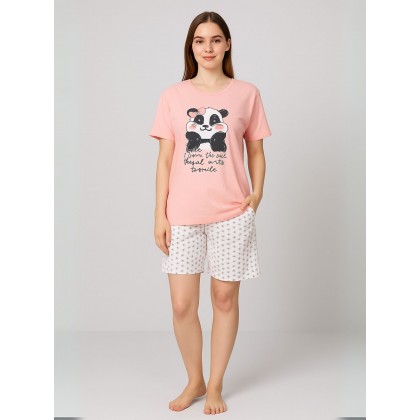 بيجامة نص كم مع شورت للنساء لون بطيخي بتصميم دبدوب