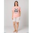 بيجامة نص كم مع شورت للنساء لون بطيخي بتصميم دبدوب