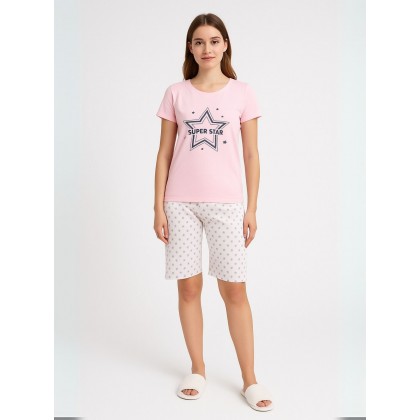 بيجامة نص كم مع شورت للنساء لون زهري