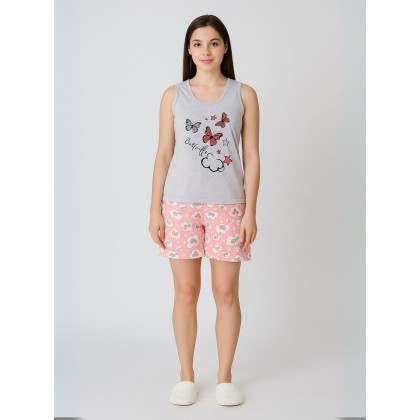 بجامة حفر عريض مع شورت لون رمادي