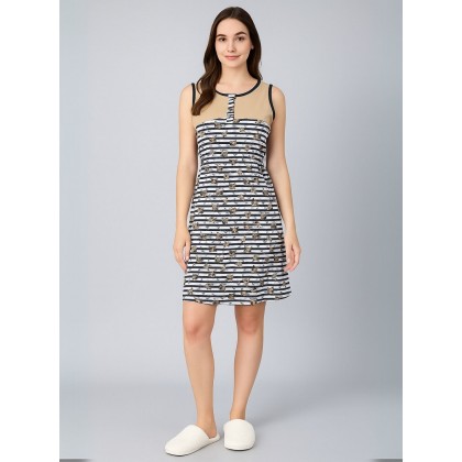 فستان بيتي للنساء طويل لون بني وأبيض وأسود