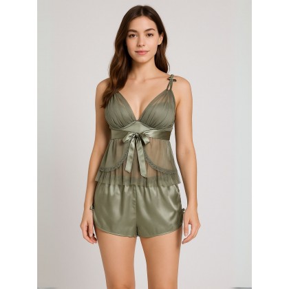 طقم لانجري قطعتين لون زيتي One Size