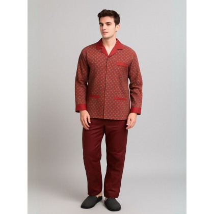 بجامة ستان بأكمام طويلة (قميص وبنطلون) للرجال لون خمري