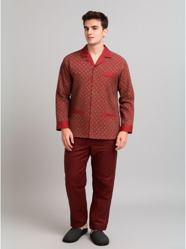 بجامة ستان بأكمام طويلة (قميص وبنطلون) للرجال لون خمري