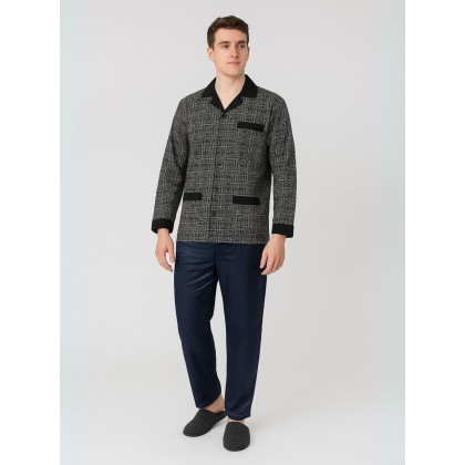 بجامة ستان بأكمام طويلة (قميص وبنطلون) للرجال لون أسود وسكني