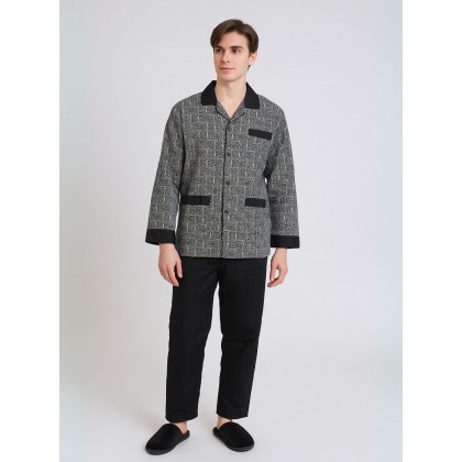 بجامة ستان بأكمام طويلة (قميص وبنطلون) للرجال لون أسود وسكني