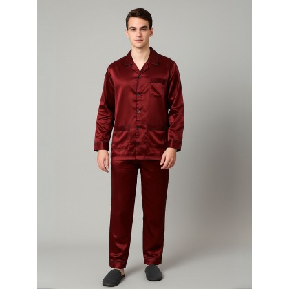 بجامة ستان بأكمام طويلة (قميص وبنطلون) للرجال لون خمري