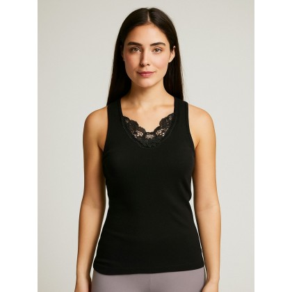 شباح داخلي (بروتيل) بزخرفة دانتيل بحمالات عريضة للنساء لون أسود