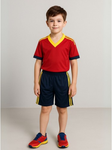 طقم رياضي (تيشيرت وشورت) للأطفال لون أحمر وأصفر وكحلي