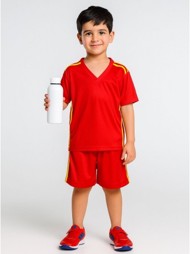 طقم رياضي (تيشيرت وشورت) للأطفال لون أحمر وأصفر فسفوري