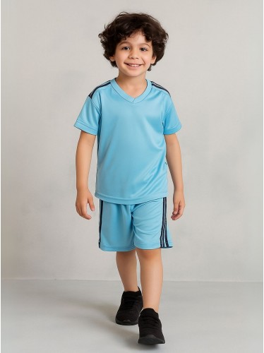 طقم رياضي (تيشيرت وشورت) للأطفال لون أزرق سماوي وأزرق