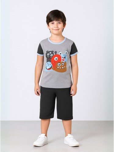 طقم تيشيرت وشورت للأطفال لون سكني وأسود