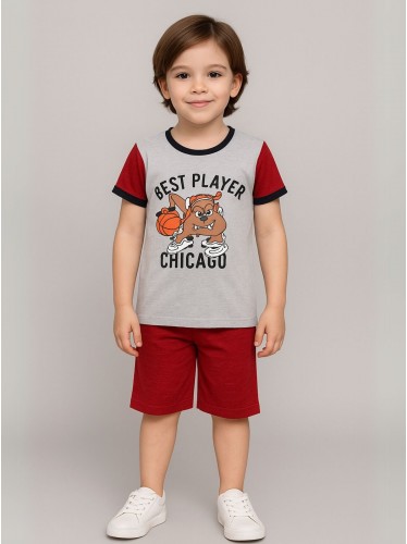 طقم تيشيرت وشورت للأطفال لون سكني وأحمر