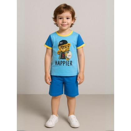 طقم تيشيرت وشورت للأطفال لون أزرق وتركواز