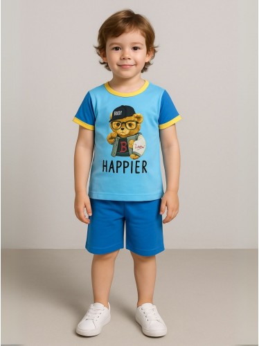 طقم تيشيرت وشورت للأطفال لون أزرق وتركواز