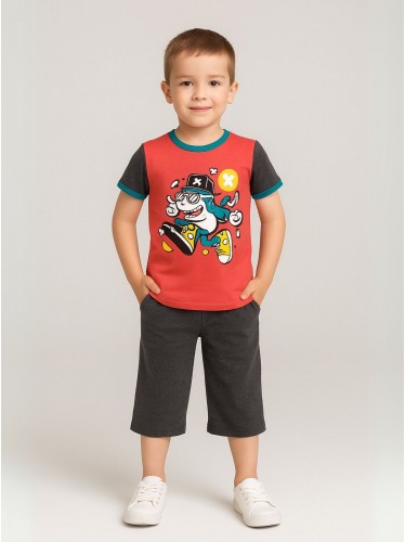 طقم تيشيرت وشورت للأطفال لون أحمر ورمادي