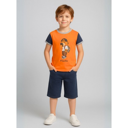 طقم تيشيرت وشورت للأطفال لون برتقالي وكحلي